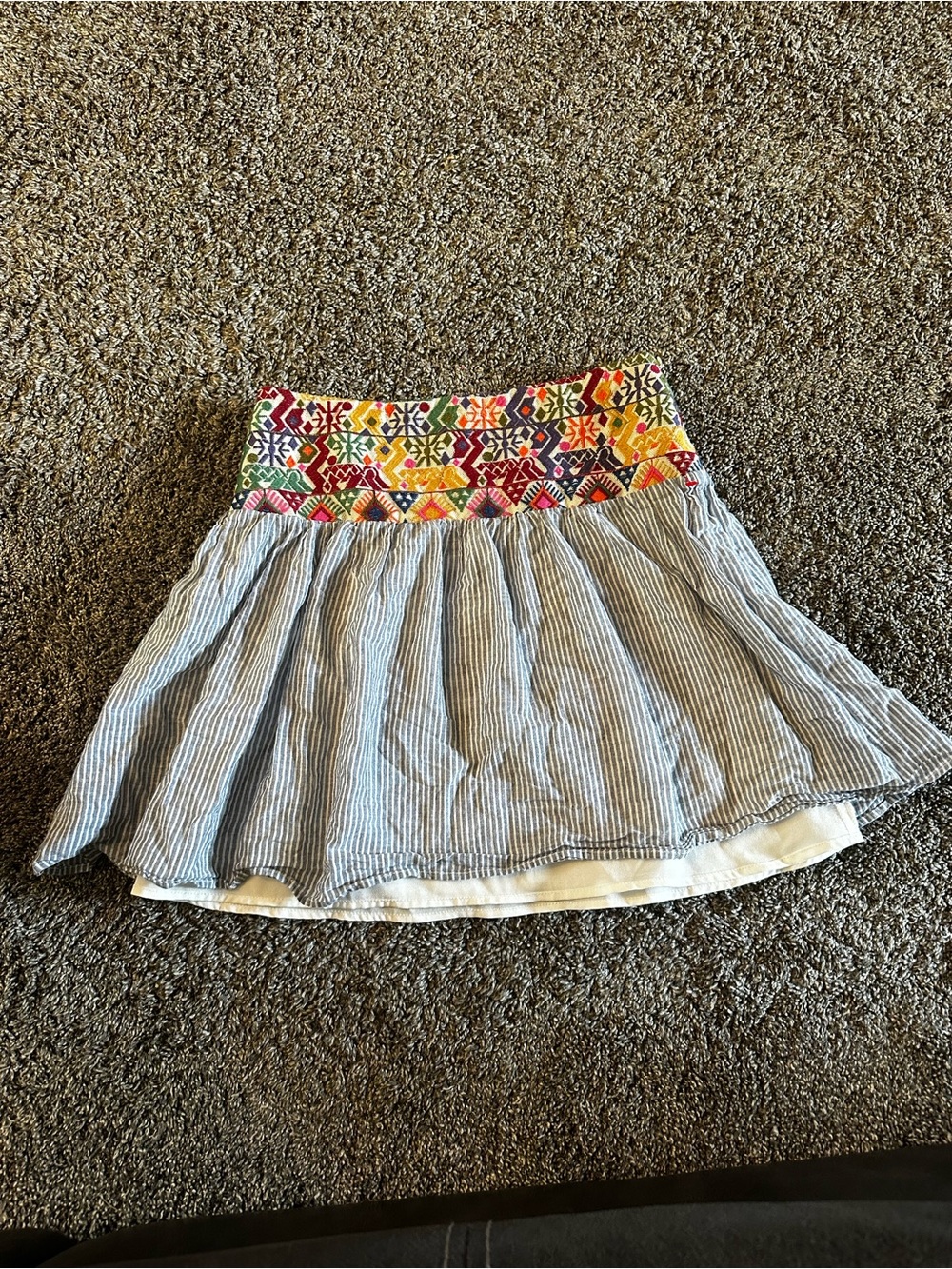 Signature Studio Blue Striped Mini Skirt with Colorful Embroidered Waist